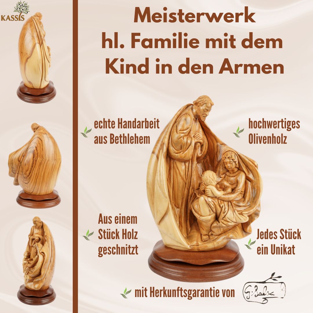 Heilige Familie mit Kind in den Armen – Handgeschnitzte Olivenholzskulptur aus Bethlehem (32 cm)