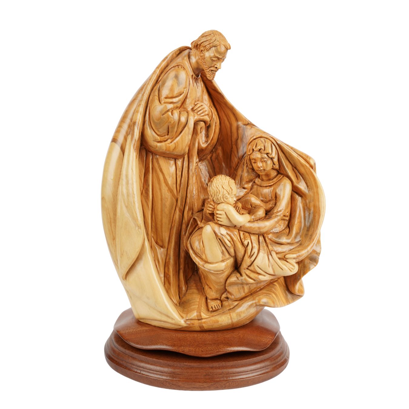 Heilige Familie mit Kind in den Armen – Handgeschnitzte Olivenholzskulptur aus Bethlehem (32 cm)