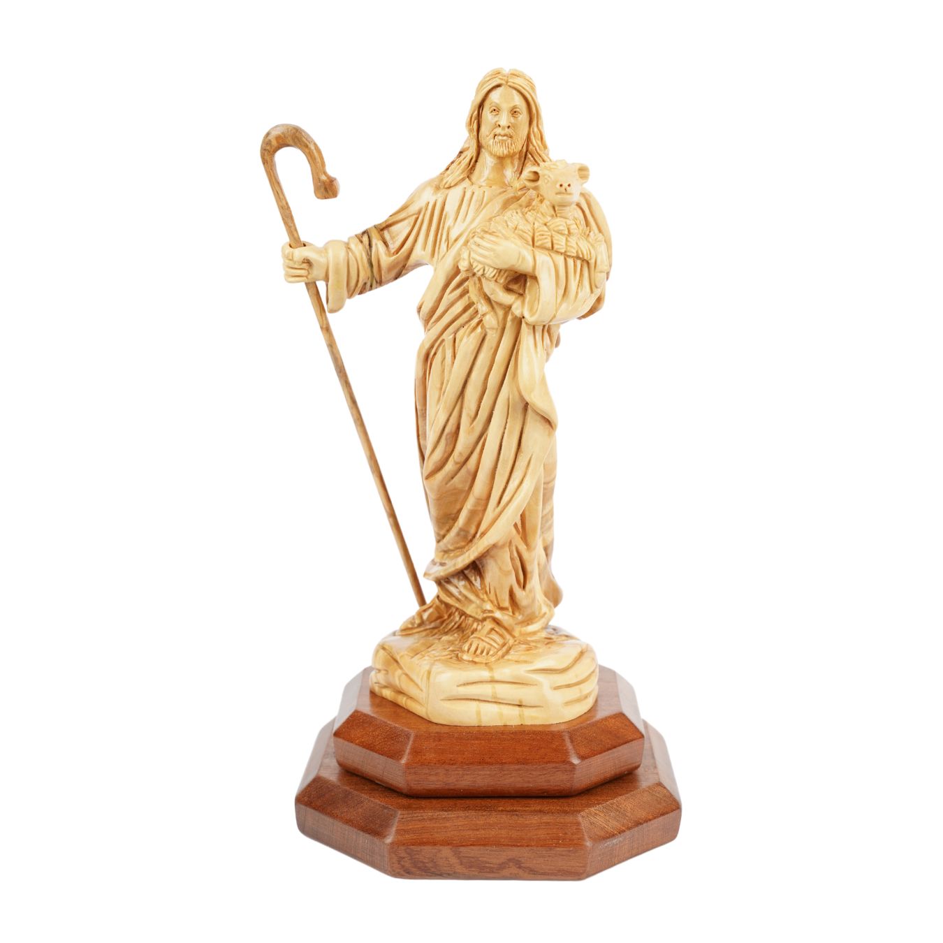 Der Gute Hirte aus Olivenholz – Handgeschnitzte Jesusfigur mit Lamm (26,5 cm)