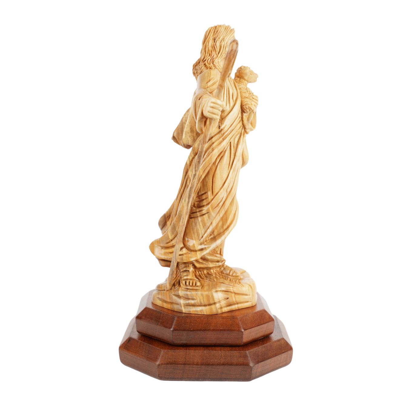 Der Gute Hirte aus Olivenholz – Handgeschnitzte Jesusfigur mit Lamm (26,5 cm)