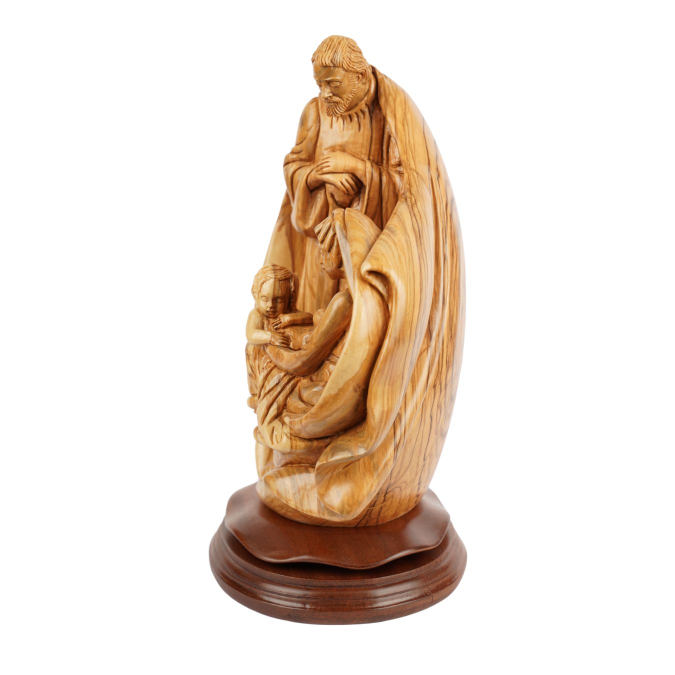 Heilige Familie mit Kind in den Armen – Handgeschnitzte Olivenholzskulptur aus Bethlehem (32 cm)