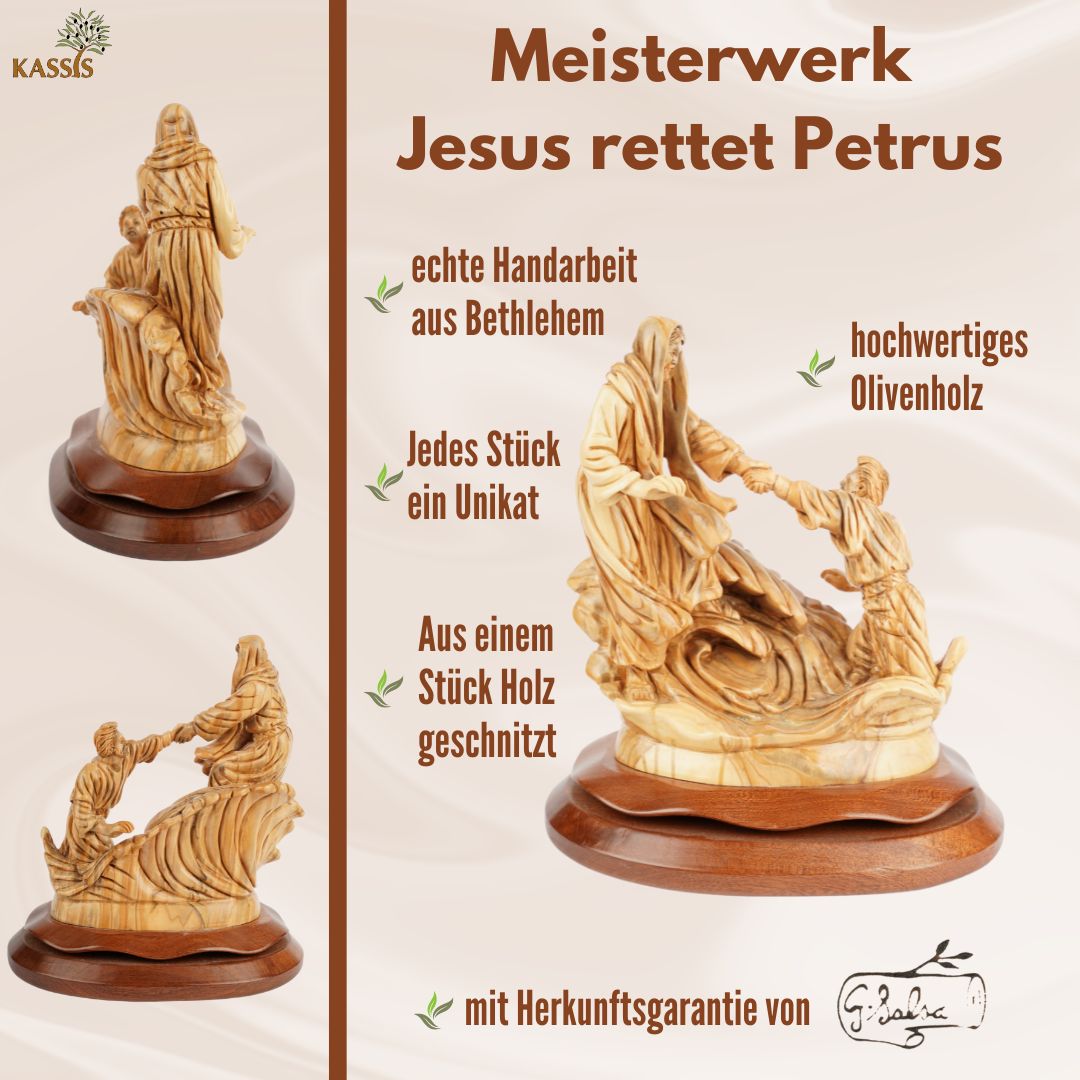 Handgeschnitzte Bootsszene „Jesus stillt den Sturm“ – Exklusive Olivenholzskulptur aus Bethlehem (36 cm)