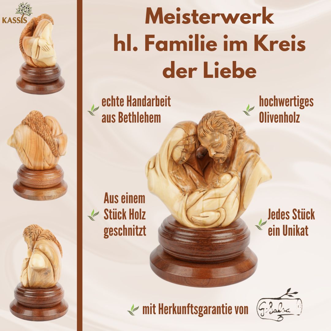 Heilige Familie im Kreis der Liebe – Handgeschnitzte Olivenholzskulptur aus Bethlehem (21 cm)