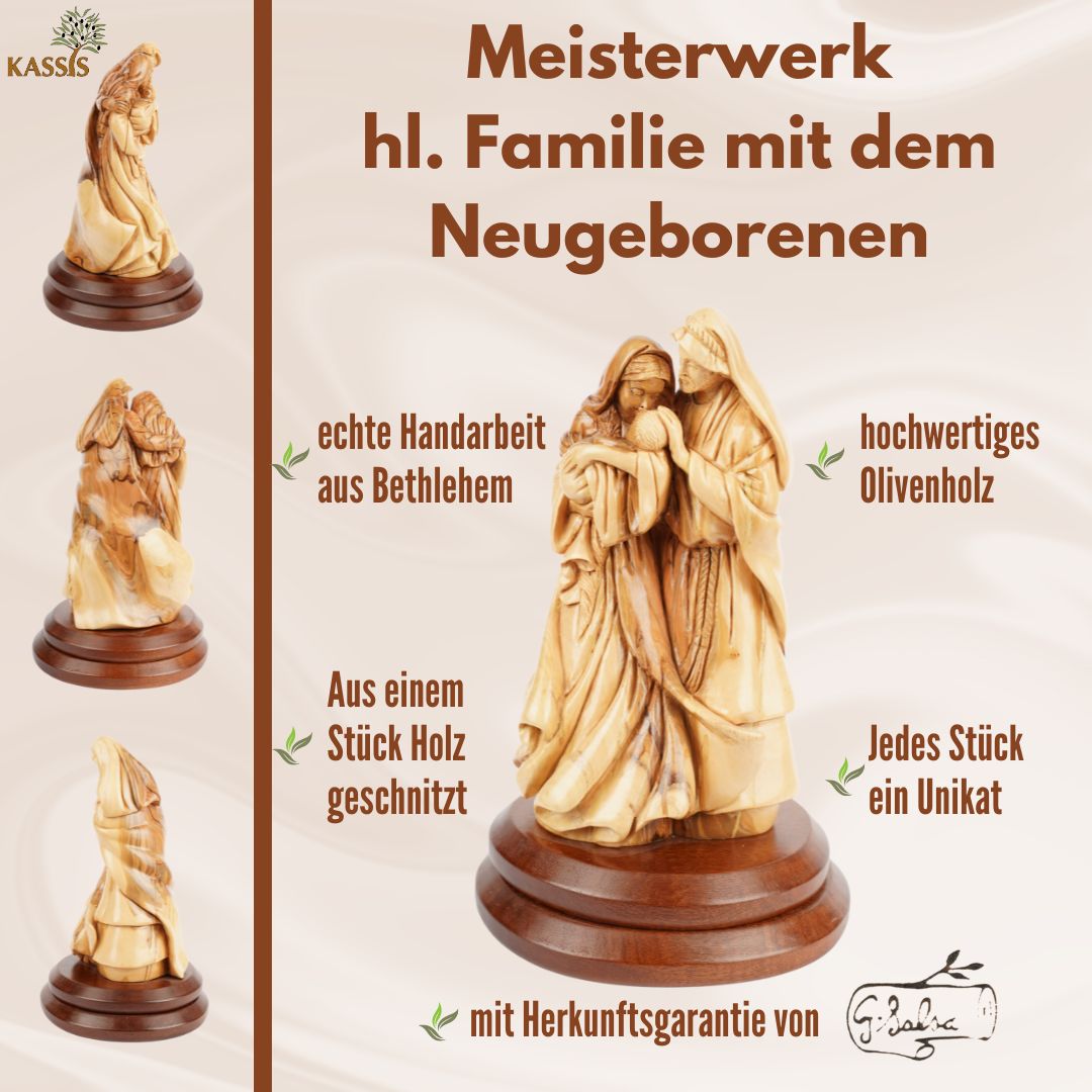 Heilige Familie mit dem Neugeborenen – Handgeschnitzte Olivenholzfigur aus Bethlehem (27 cm)
