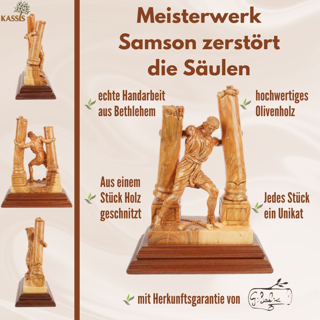 Handgeschnitzte Skulptur „Samson zerstört die Säulen“ – Olivenholzkunst aus Bethlehem (28 cm)