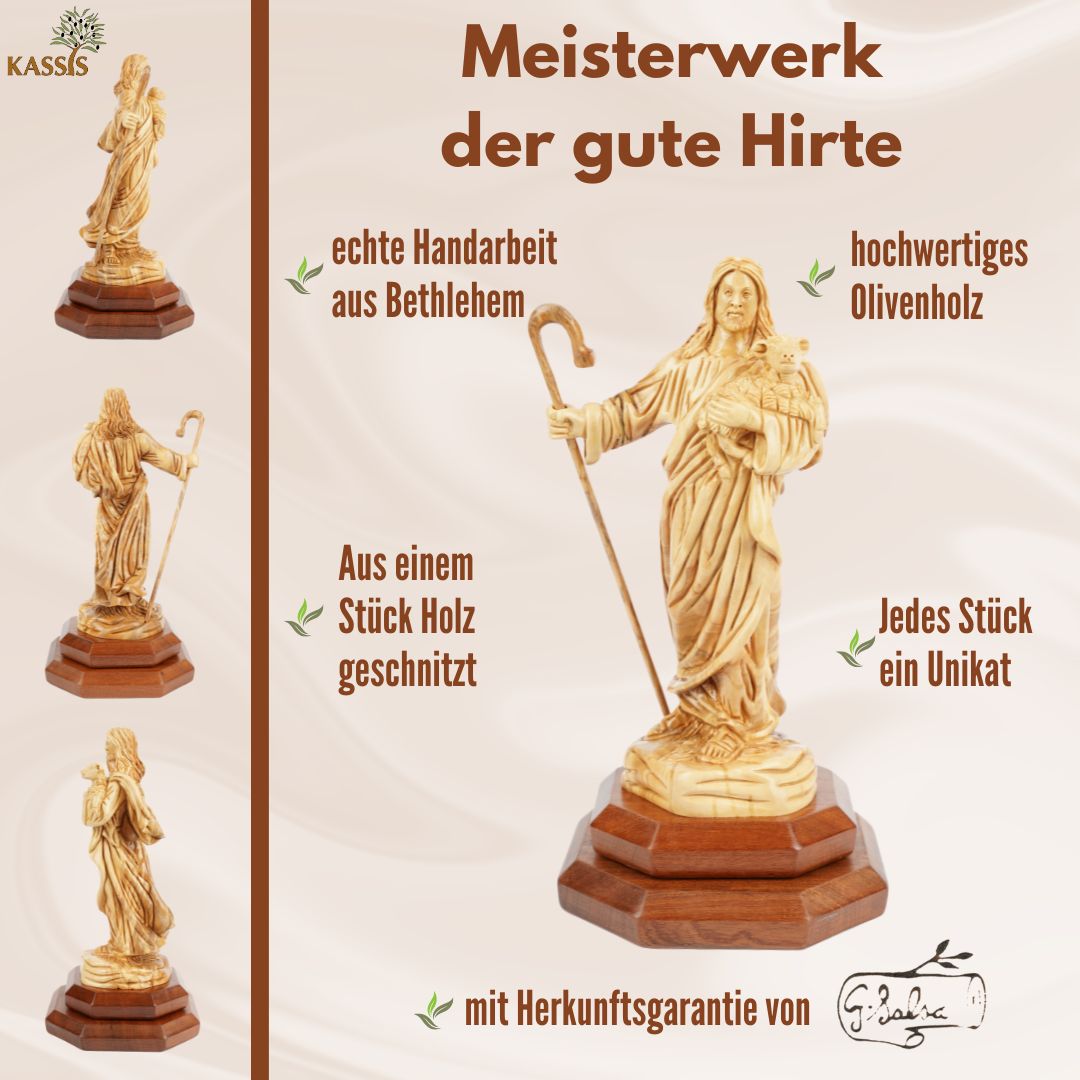 Der Gute Hirte aus Olivenholz – Handgeschnitzte Jesusfigur mit Lamm (26,5 cm)