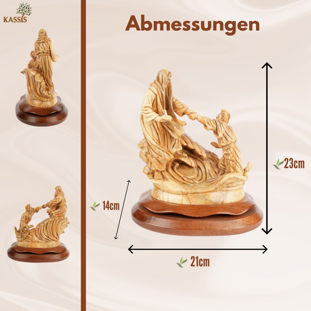 Handgeschnitzte Bootsszene „Jesus stillt den Sturm“ – Exklusive Olivenholzskulptur aus Bethlehem (36 cm)