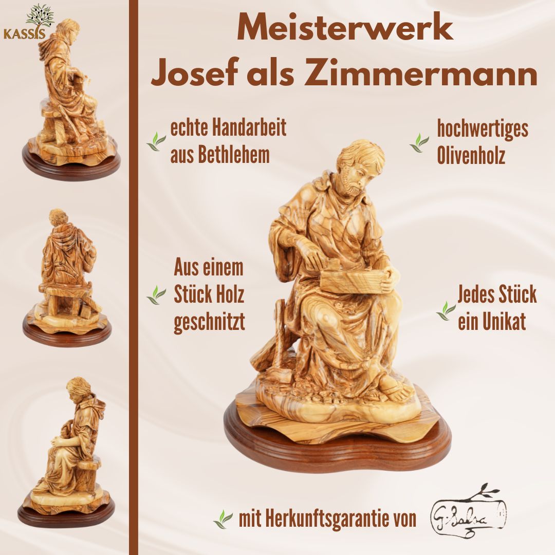 Handgeschnitzte Skulptur „Josef als Zimmermann“ – Olivenholzfigur aus Bethlehem (29 cm)