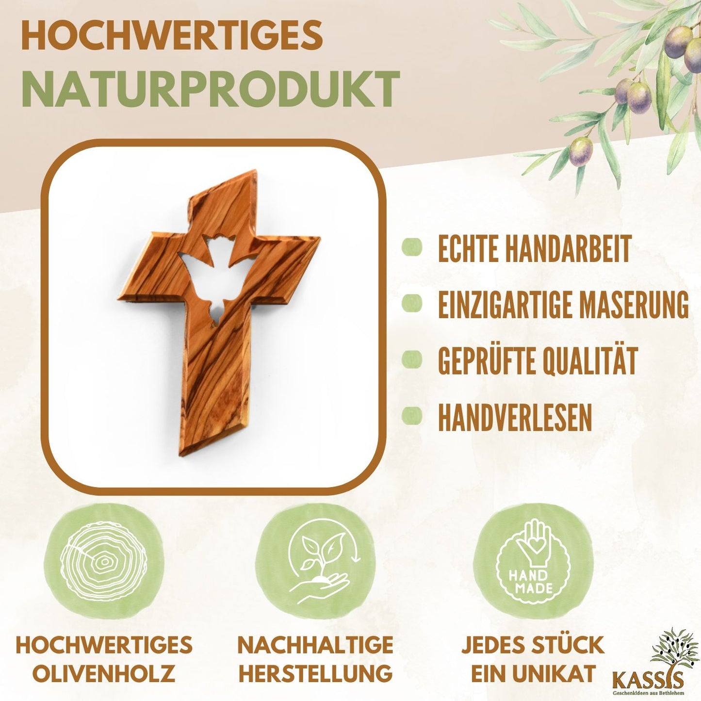 Olivenholz Wandkreuz mit dem Heiligen Geist