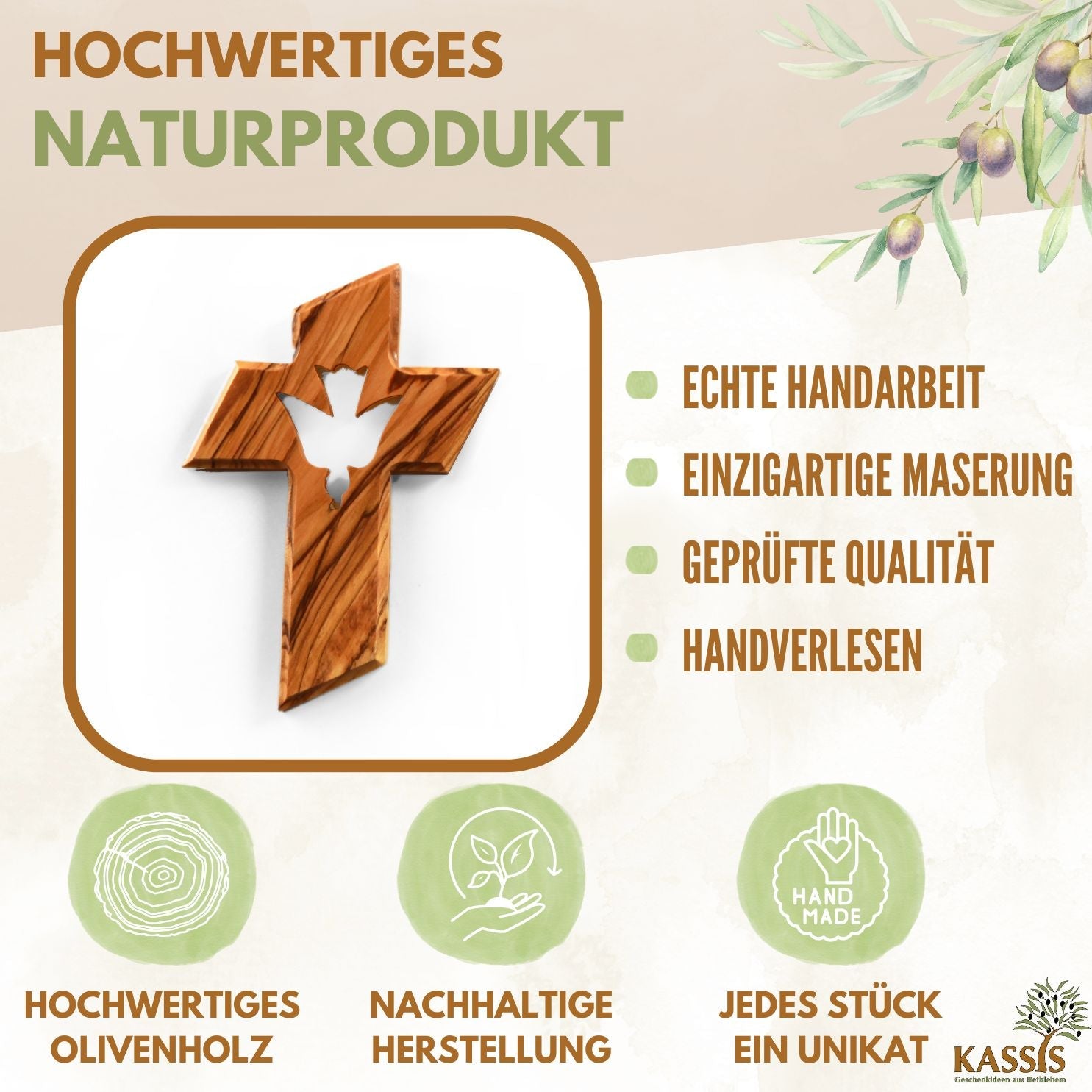Olivenholz Wandkreuz mit dem Heiligen Geist