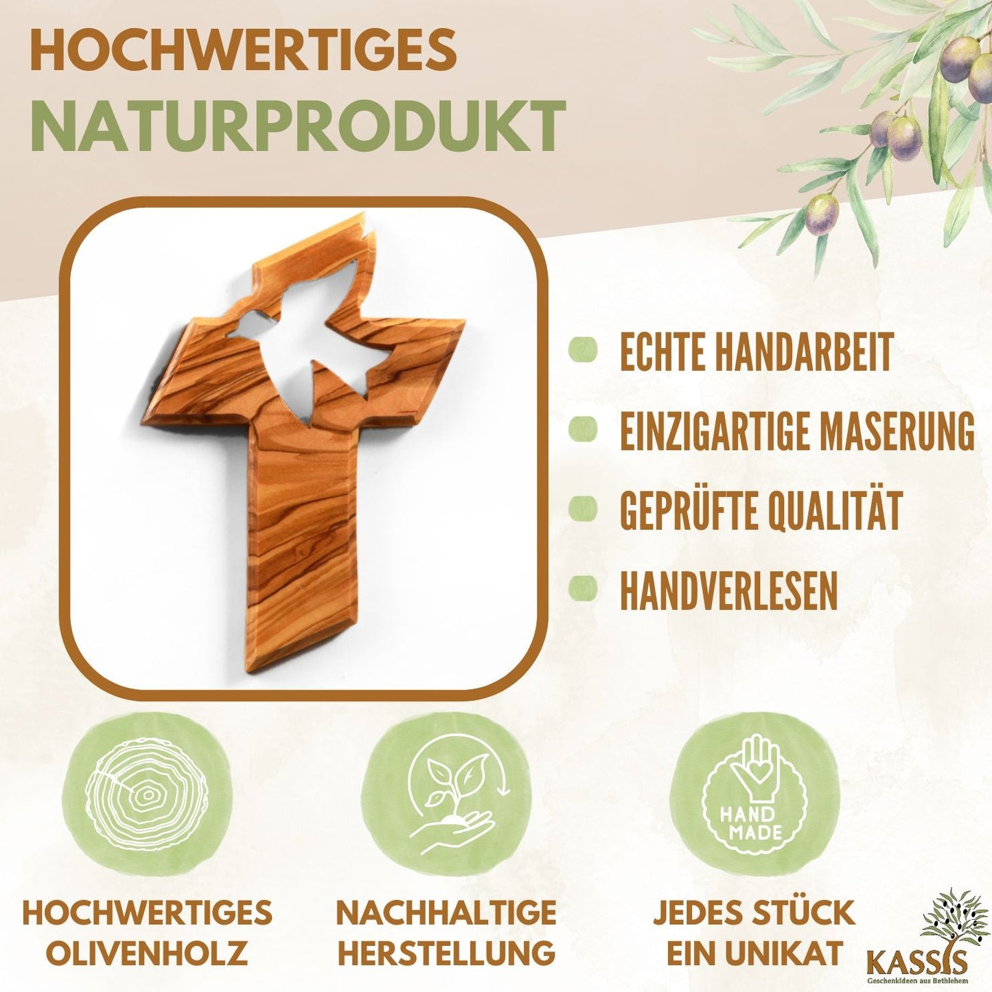 Olivenholz Wandkreuz mit Friedenstaube