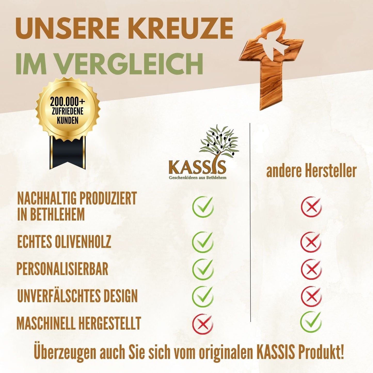 Olivenholz Wandkreuz mit Friedenstaube