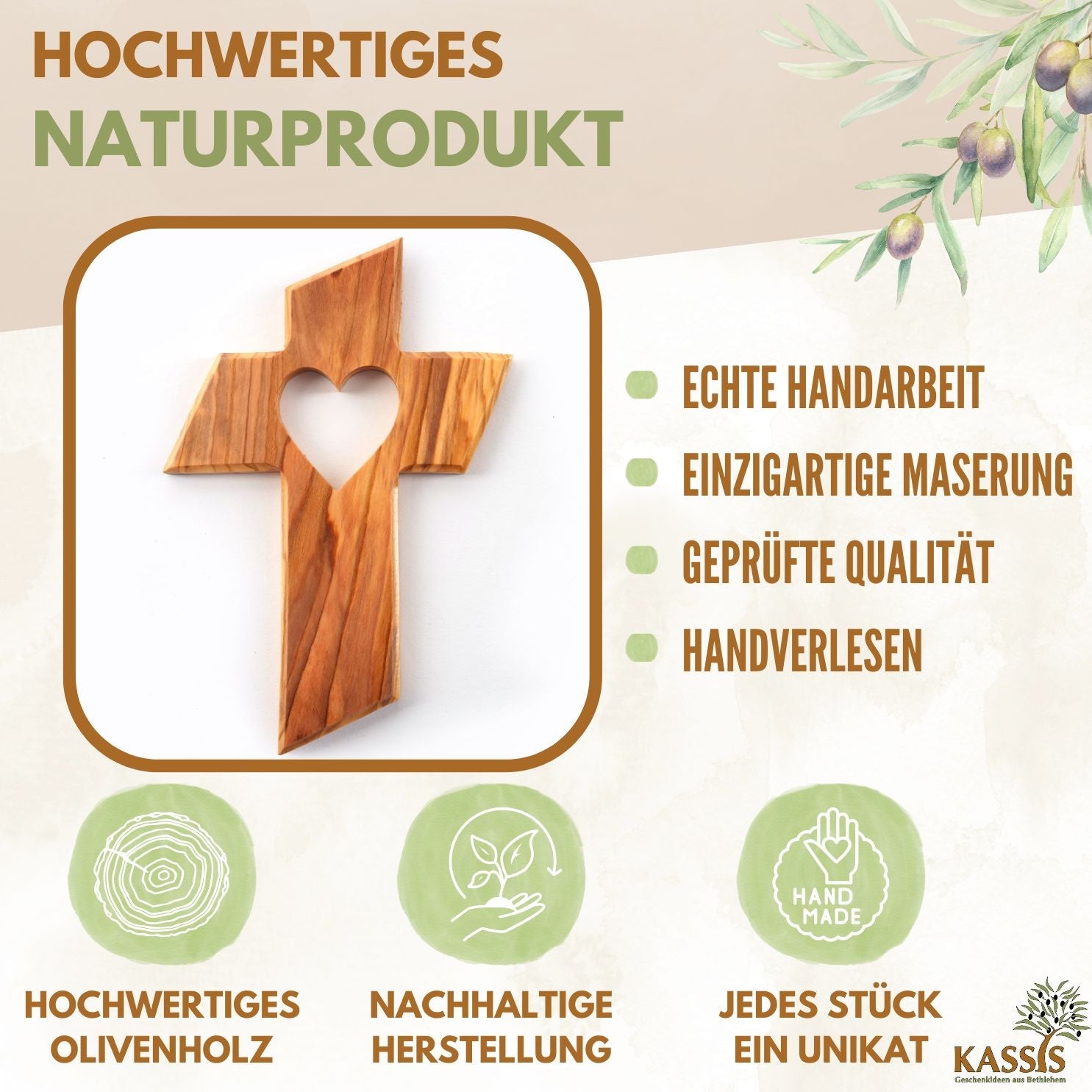 Olivenholz Wandkreuz mit Herz