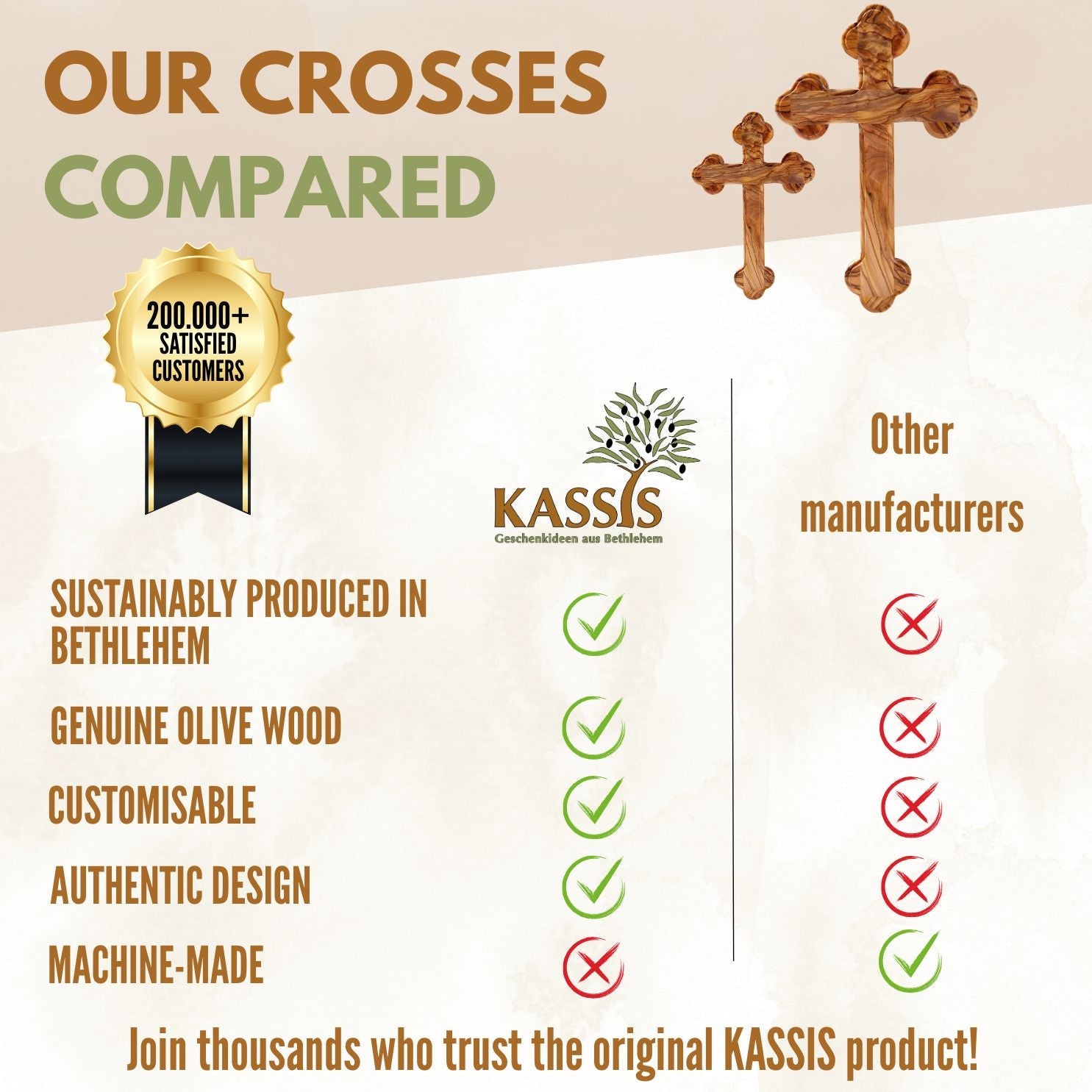 Zweite Wahl: Olivenholz Kreuz mit runden Kanten – mit kleinen Makeln